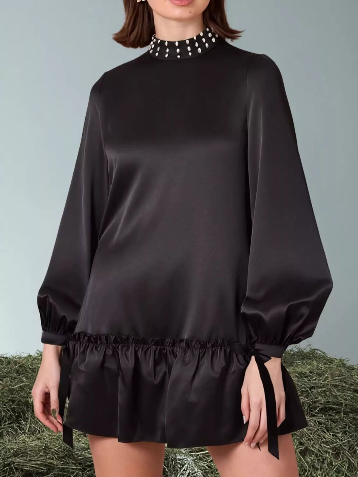Pearl-Embellished Mock Neck Ruffle Hem Dress - Black - View 3