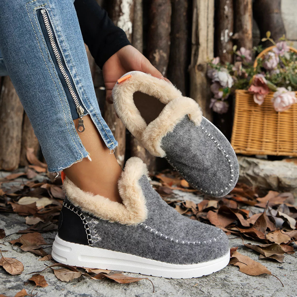 Round Toe Winter Ankle Boots - Dark Gray - View 6