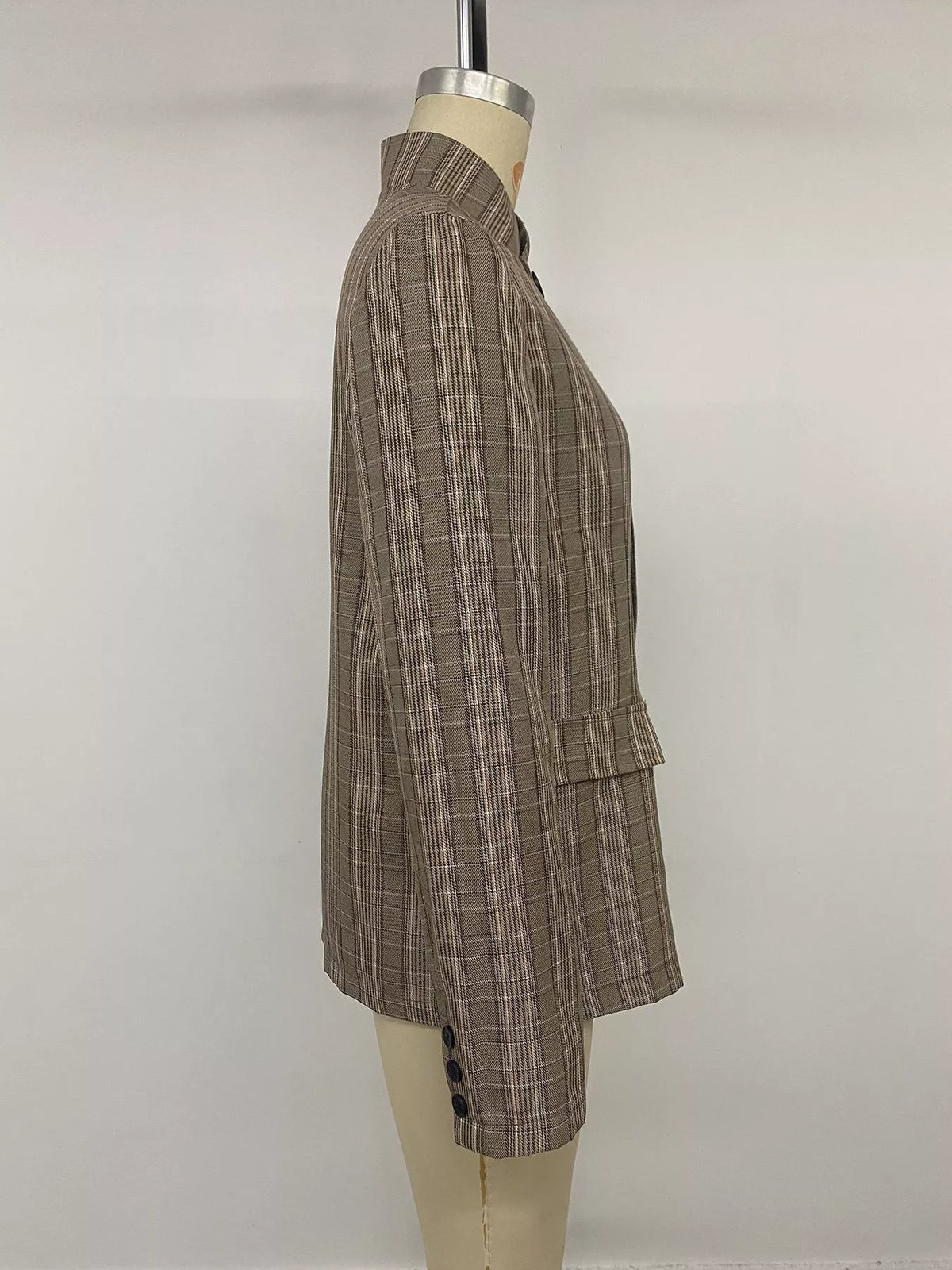 Plaid Single-Button Blazer - Mocha - View 12