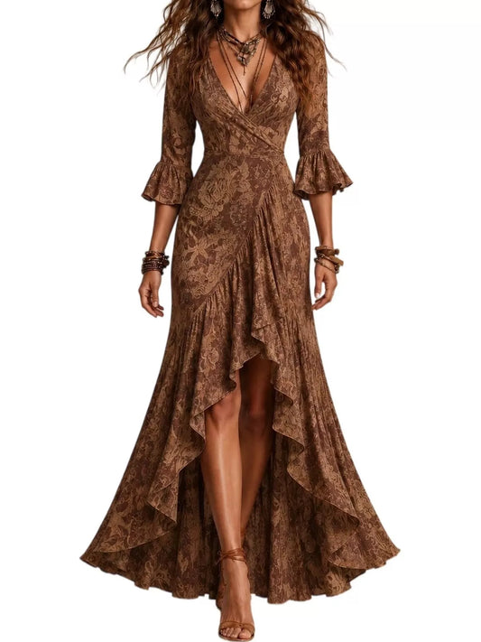 High-Low Ruffled Maxi Dress - Dark Brown - View 1