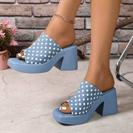 Open Toe Block Heels Sandals - Denim Color - View 1
