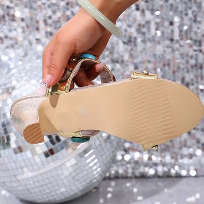 Open Toe Block Heels Sandals - Gold - View 13
