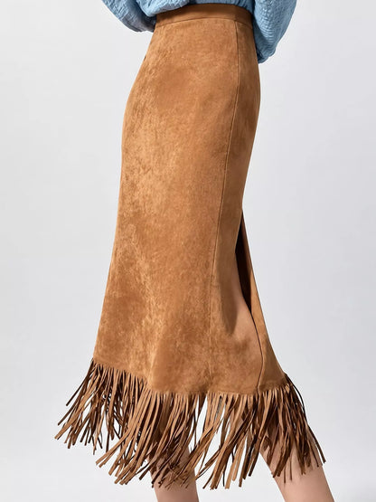 High-Waisted Fringe Midi Skirt - Light Brown - View 1