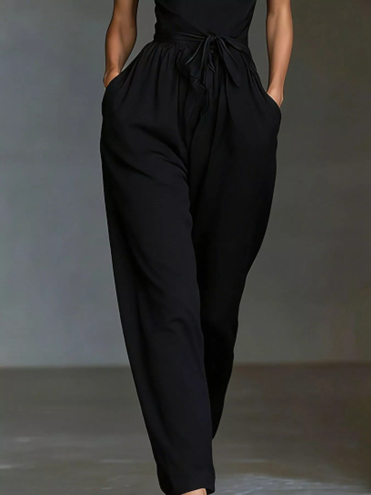 Halter Neck Wide-Leg Jumpsuit with Waist-Tie Detail - Black - View 3