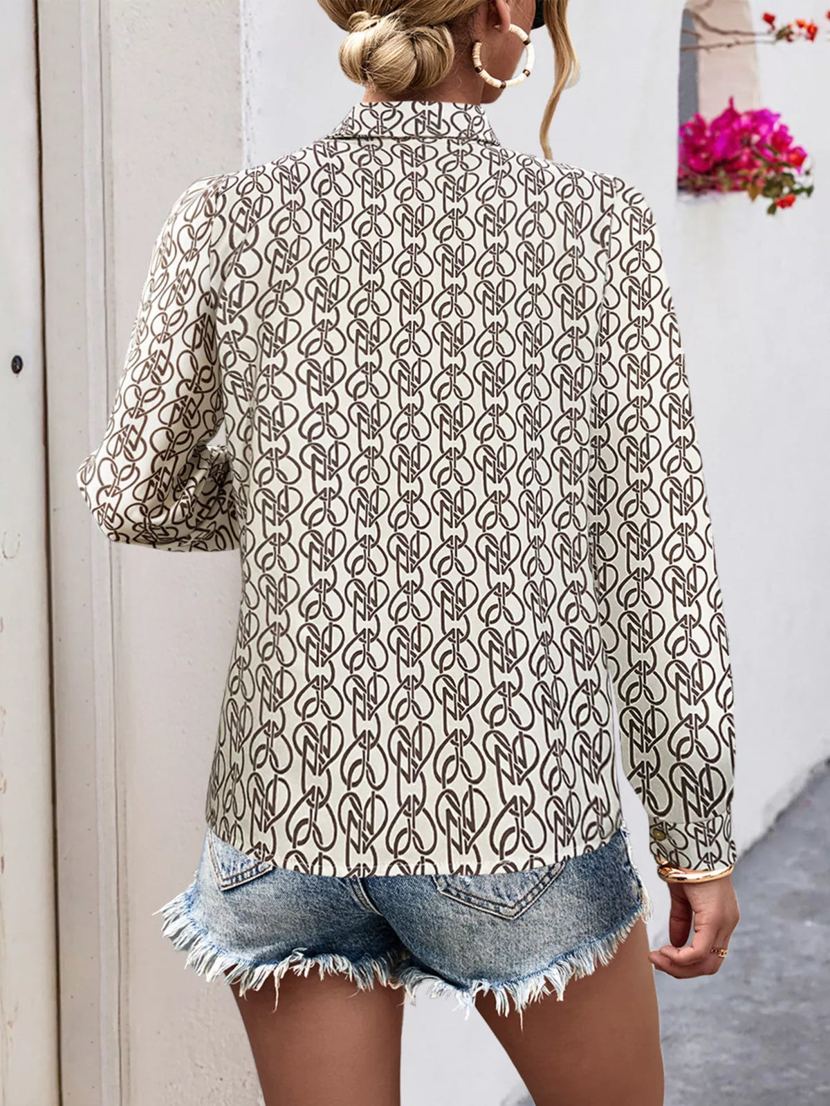 Printed Button-Down Long Sleeve Shirt - Tan - View 3