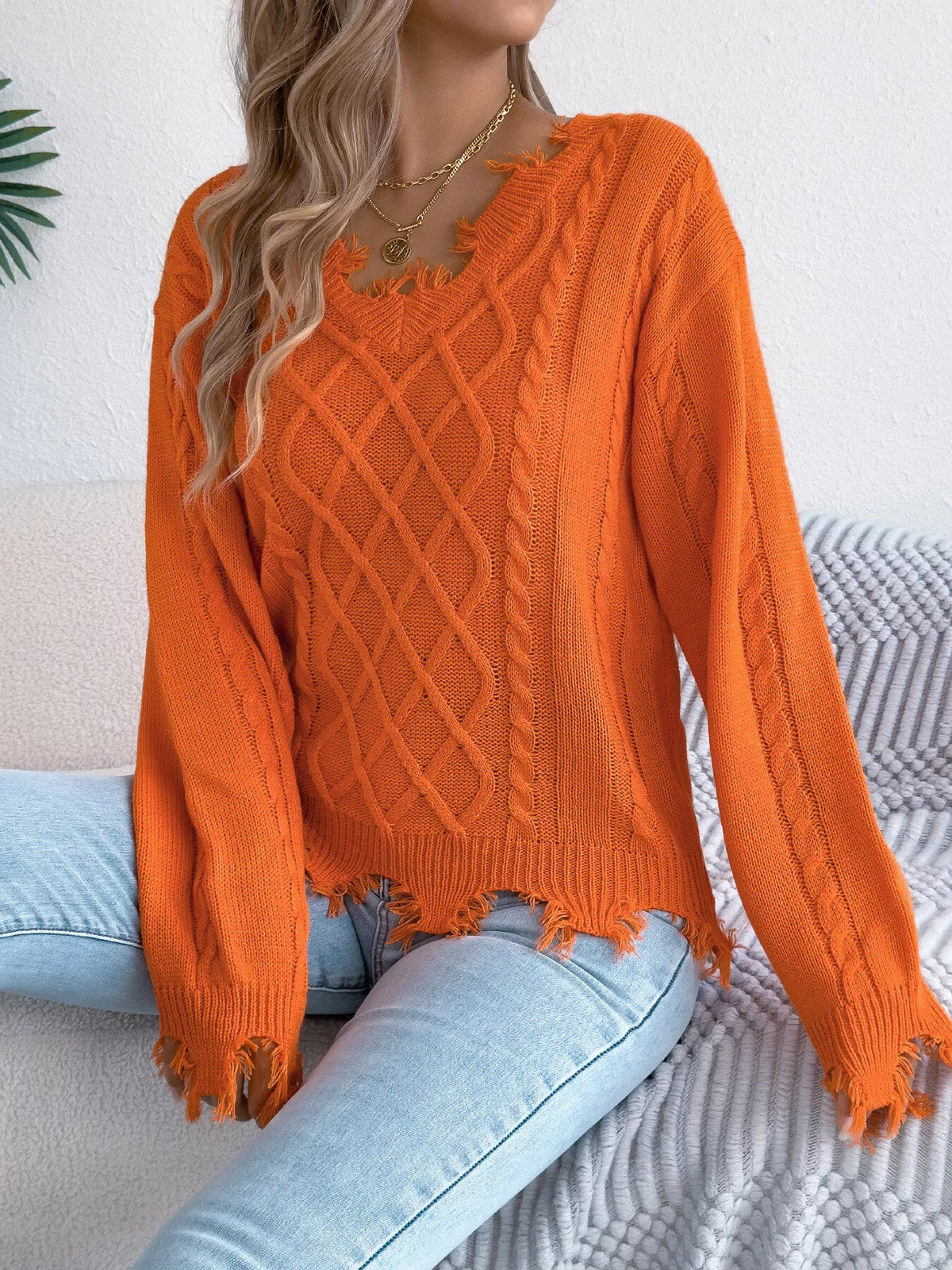 V-Neck Distressed Hem Cable Knit Sweater - Orange - View 7