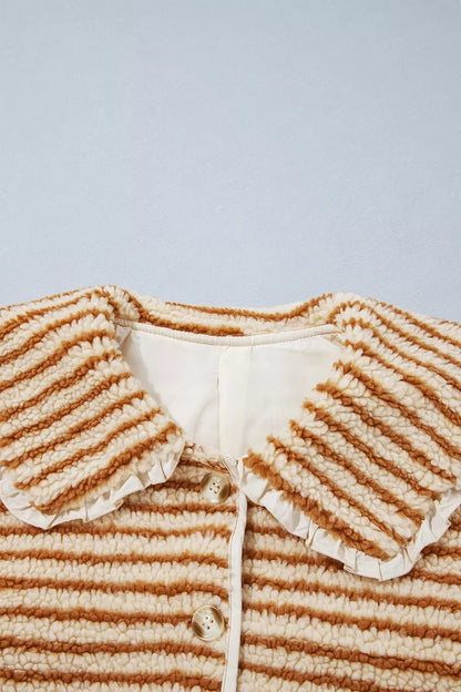 Striped Fleece Button Front Long Sleeve Regular Fit Jacket - Tan - View 16