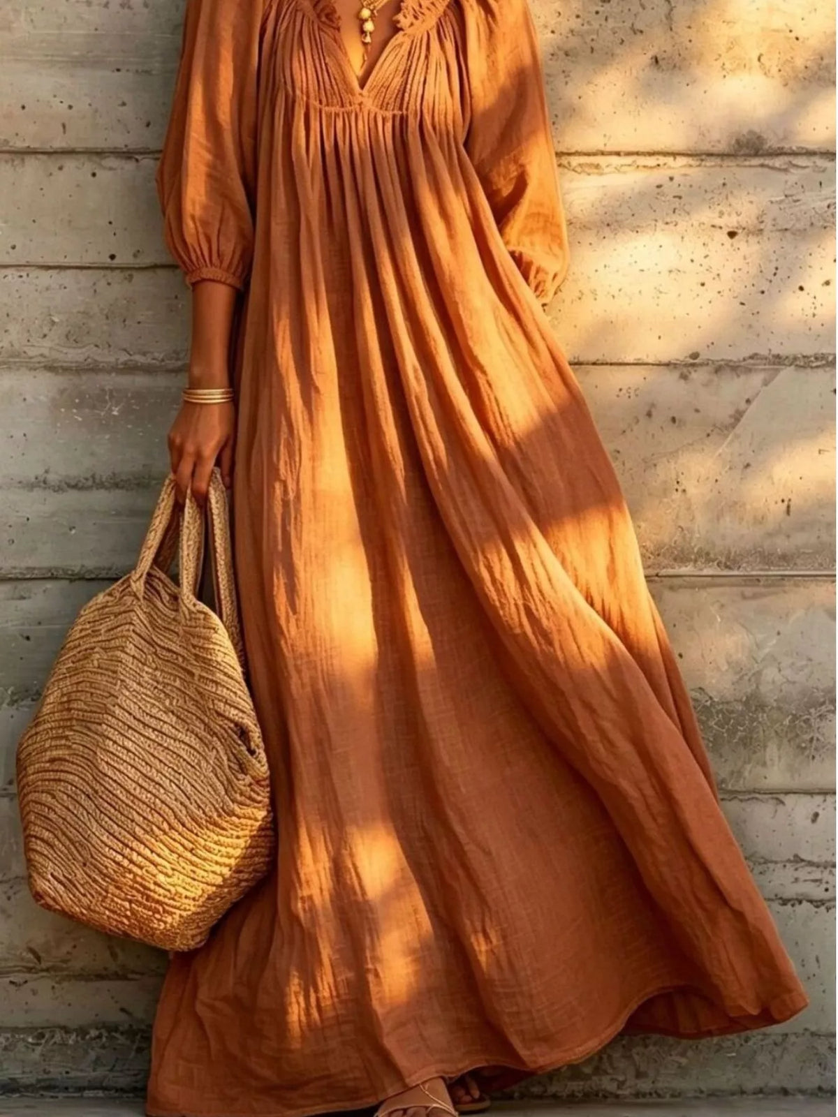 Tiered Notched 3/4 Sleeve Maxi Dress - Ochre - View 3