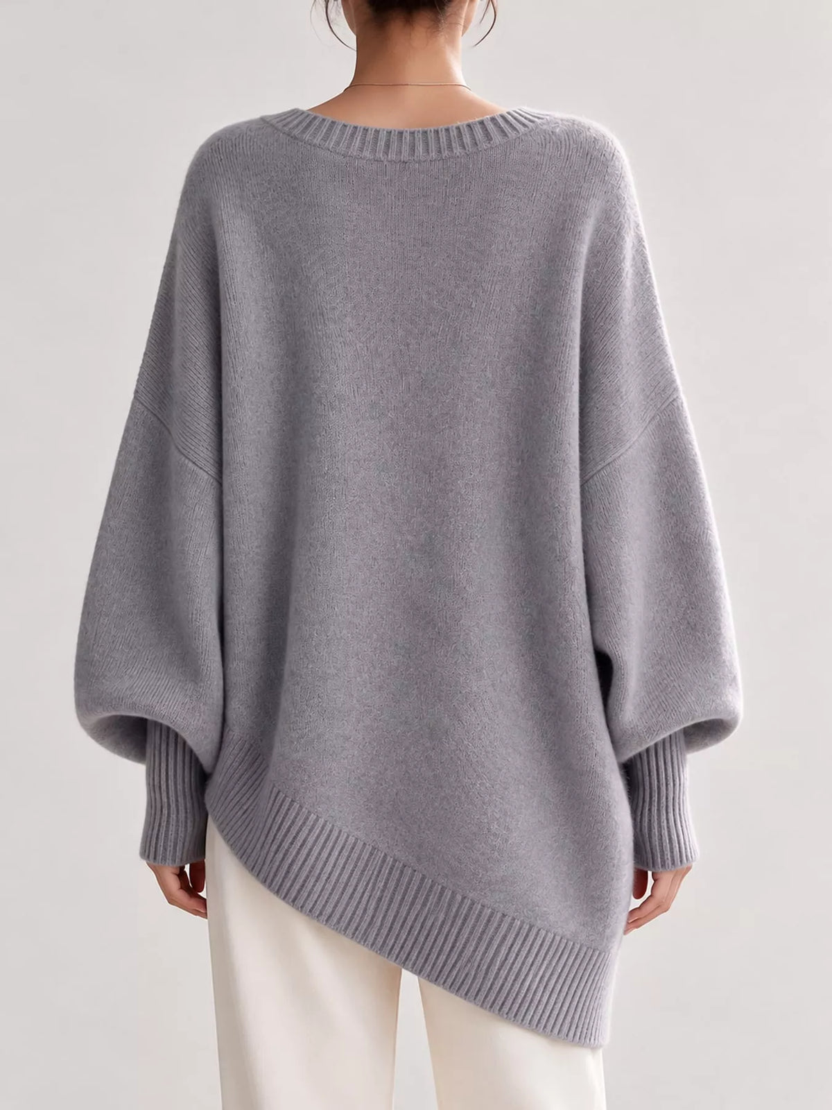 Full Size V-Neck Oversized Batwing Sleeve Sweater Plus Size - Light Gray - View 44