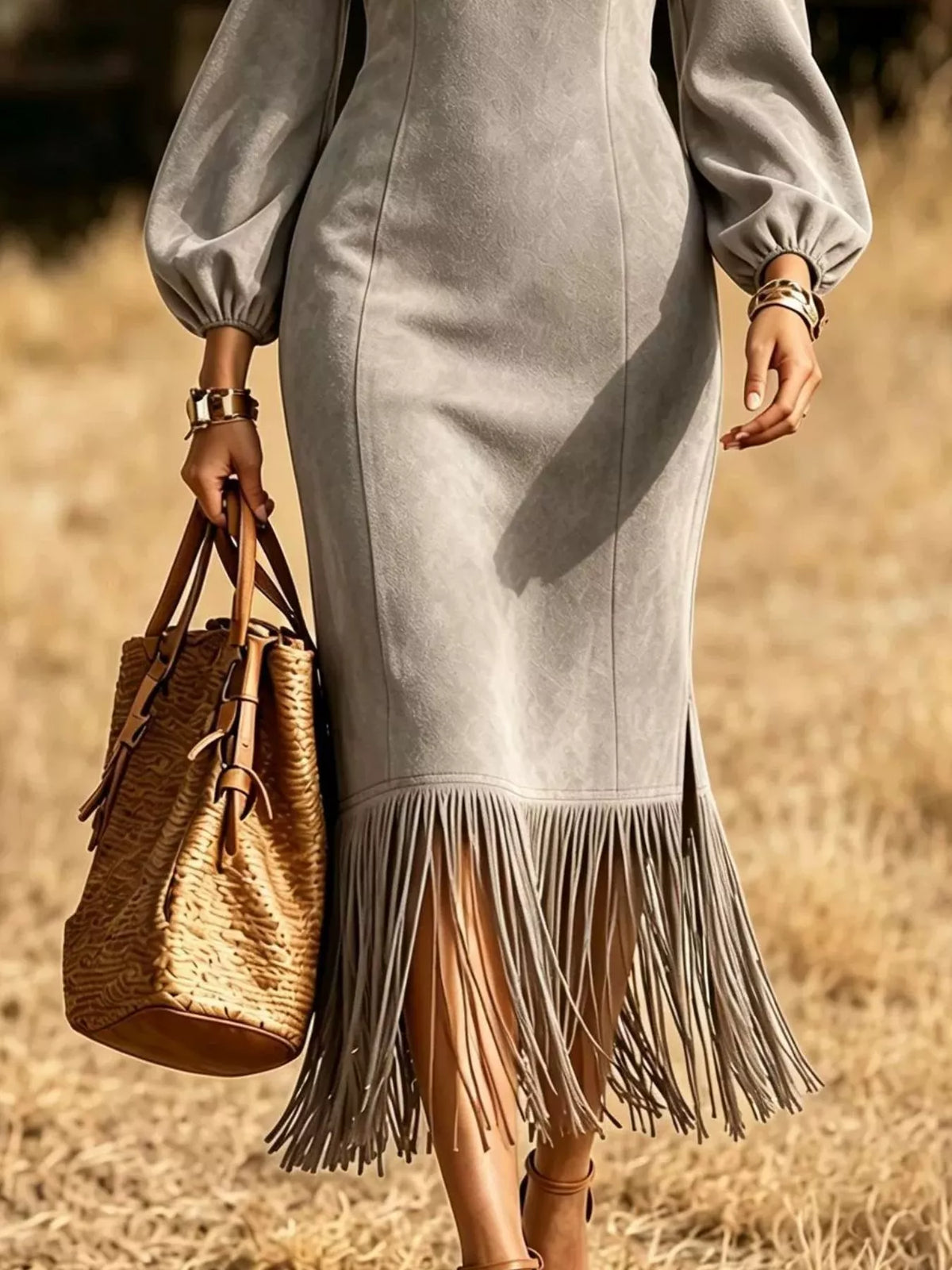 Fringe Hem Balloon Sleeve Midi Dress - Light Gray - View 7