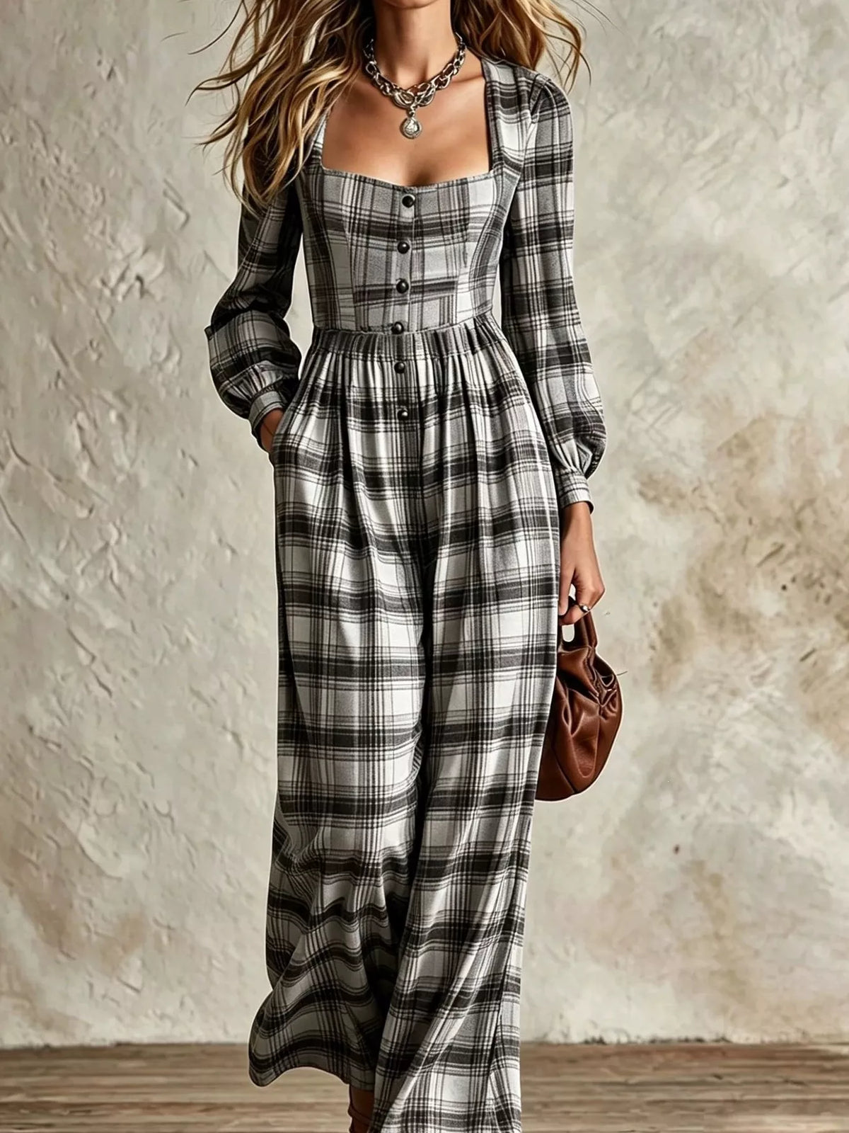Plaid Square Neck Long Sleeve Wide Leg Jumpsuit - Black - View 1