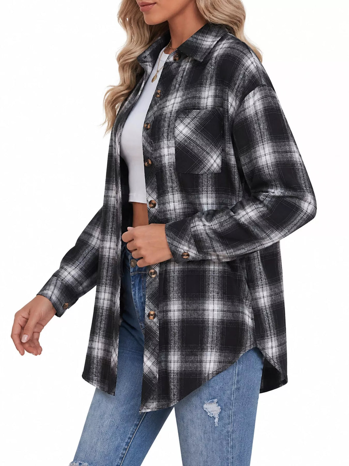 Plaid Button-Down Oversized Shirt - Black - View 6