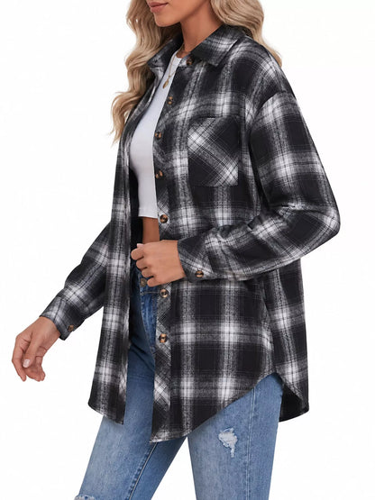 Plaid Button-Down Oversized Shirt - Black - View 6