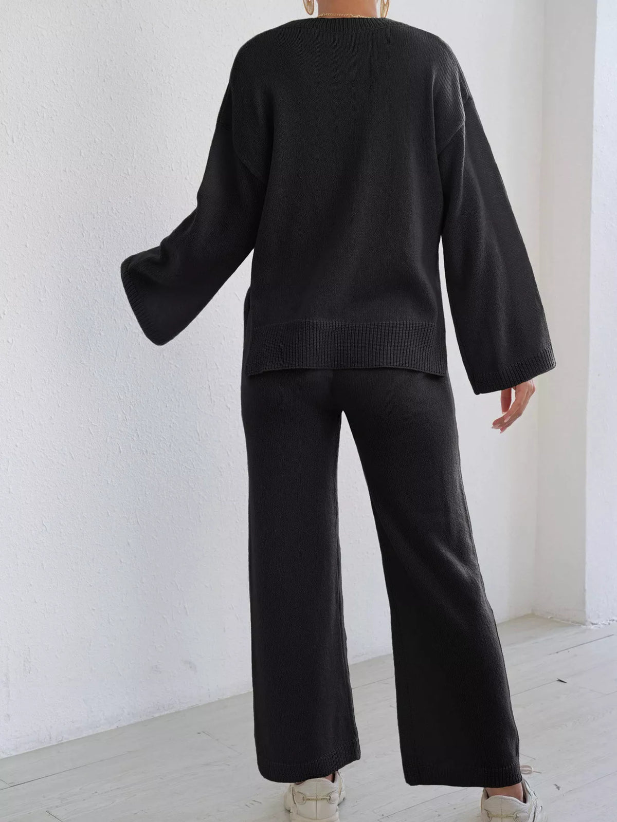 Dropped Shoulder Top and Pants Sweater Set - Black Suit - View 7
