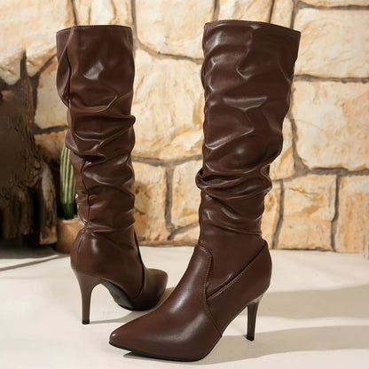 Pointed-Toe Stiletto Heel Knee-High Boots - Brown - View 3
