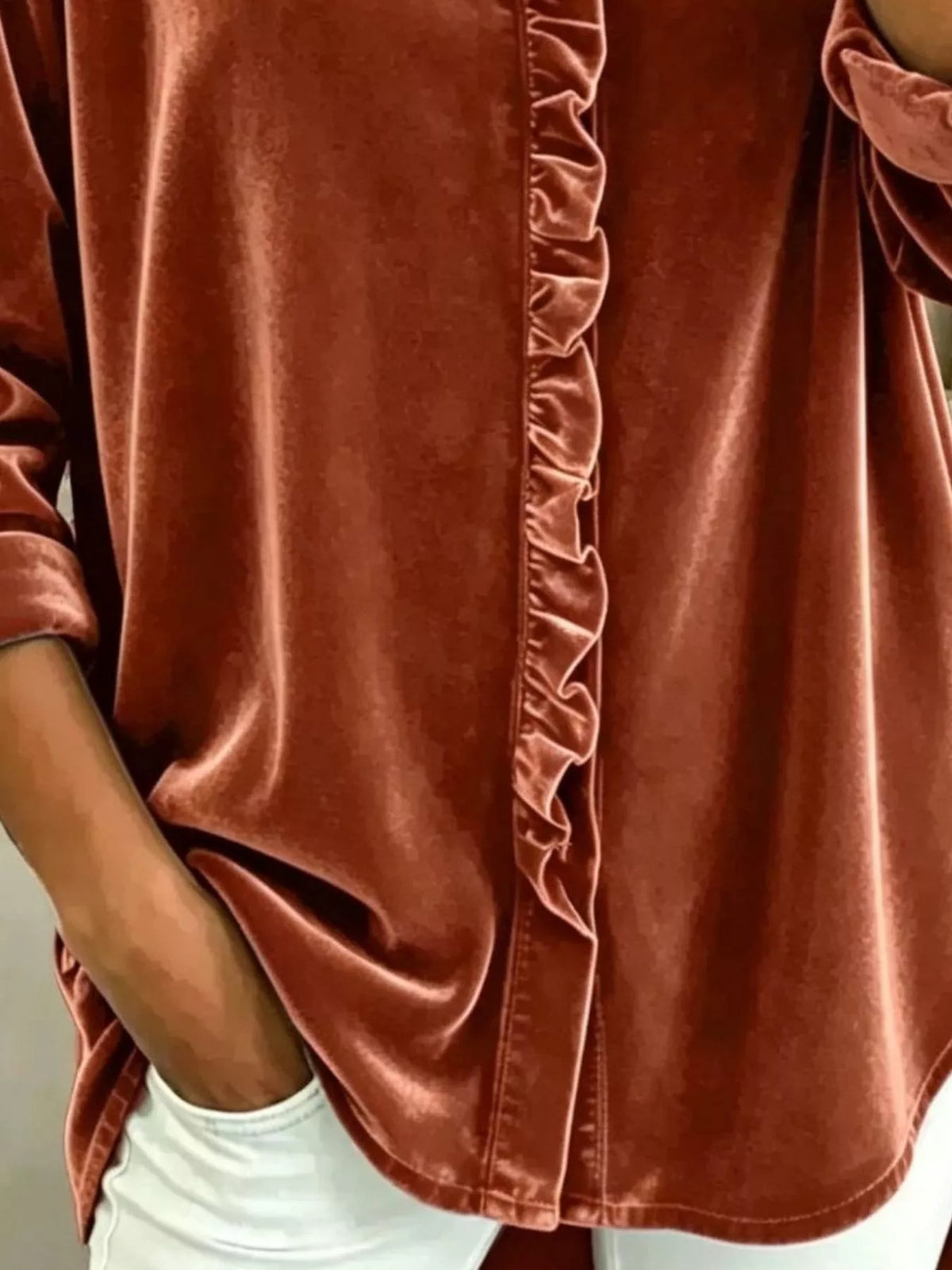 Velvet Frill V-Neck Blouse - Orange - View 3
