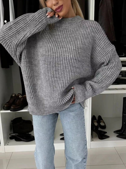Ribbed Knit Crew Neck Sweater - Gray - View 1