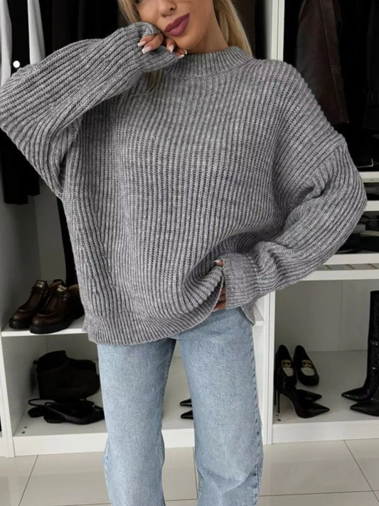 Ribbed Knit Crew Neck Sweater - Gray - View 1