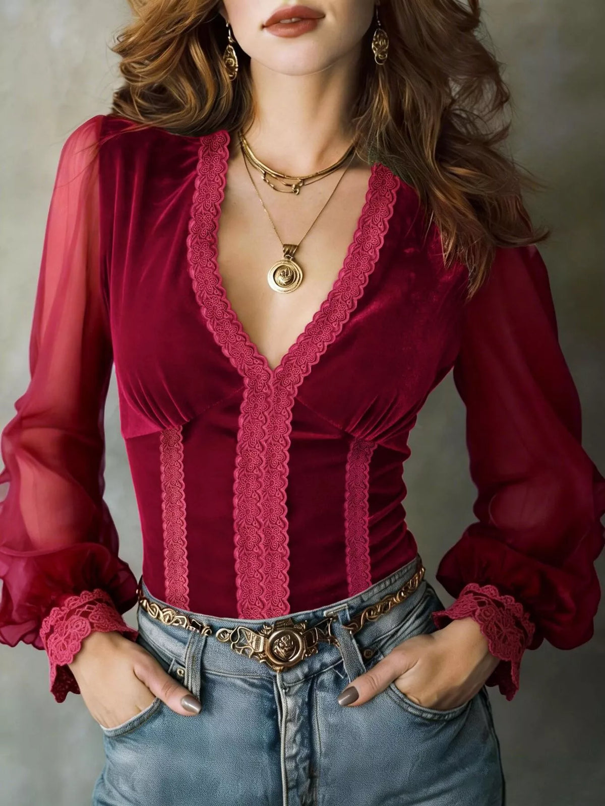 Lace Trim Sheer Long Sleeve Blouse - Burgundy - View 1