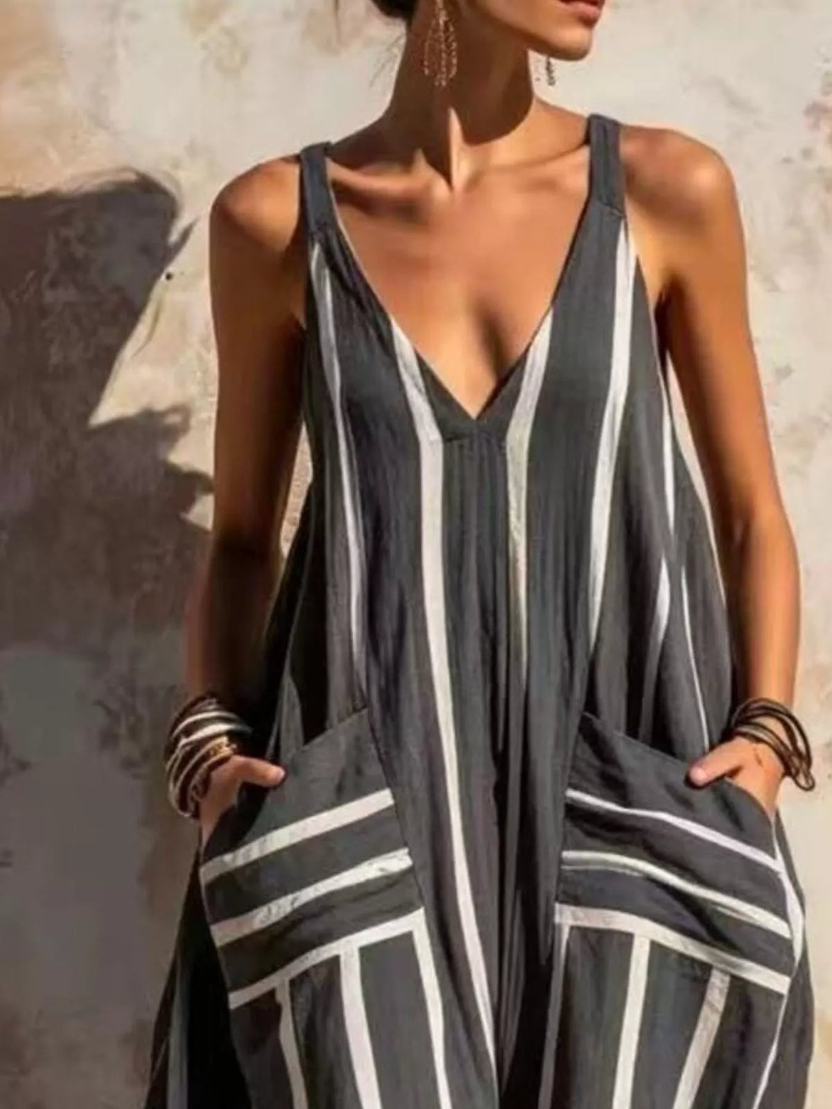 Striped V-Neck Sleeveless Wide-Leg Jumpsuit - Dark Gray - View 2