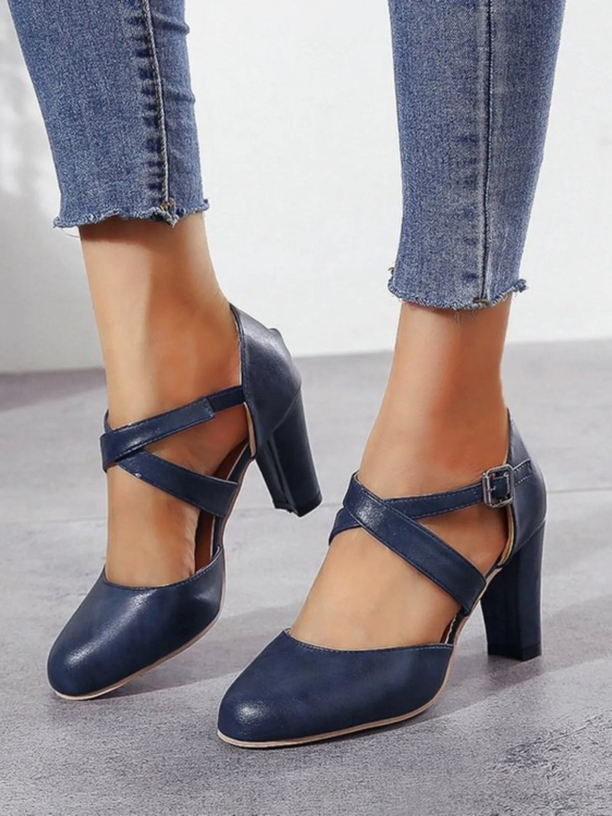Cross-Strap Block Heel Pumps - Blue - View 4