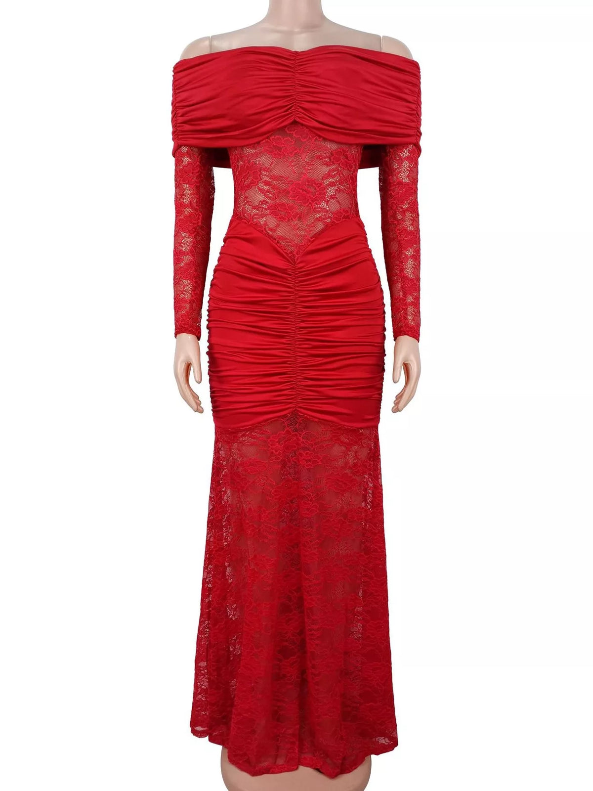 Off-Shoulder Ruched Lace Mermaid Maxi Dress - Red - View 3