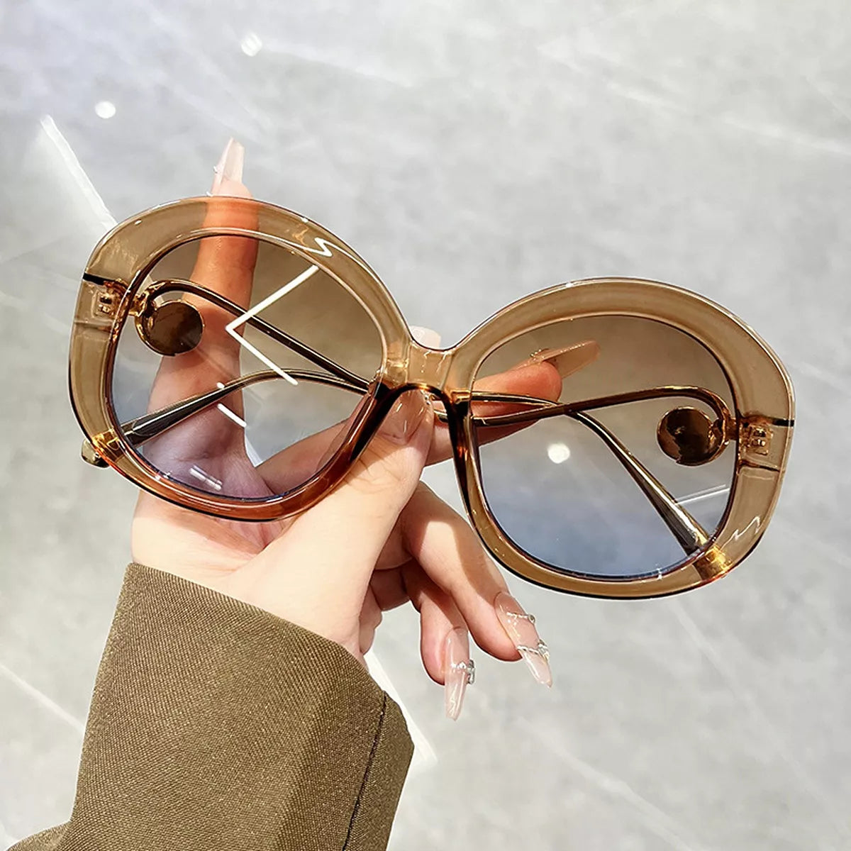 Oversized Round Frame Sunglasses - Camel - View 2