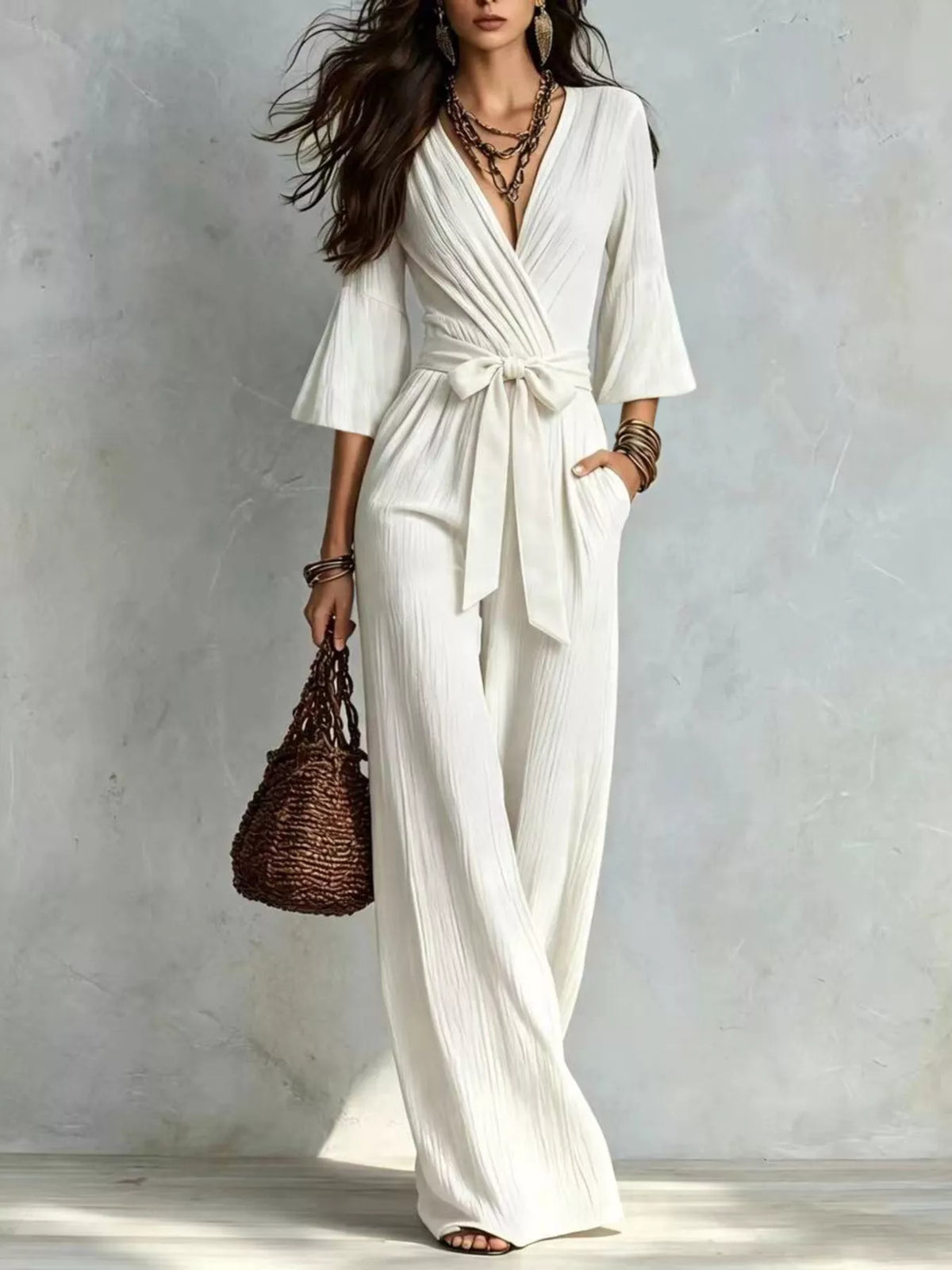 Pleated Wide-Leg Jumpsuit with Tie-Waist - White - View 9