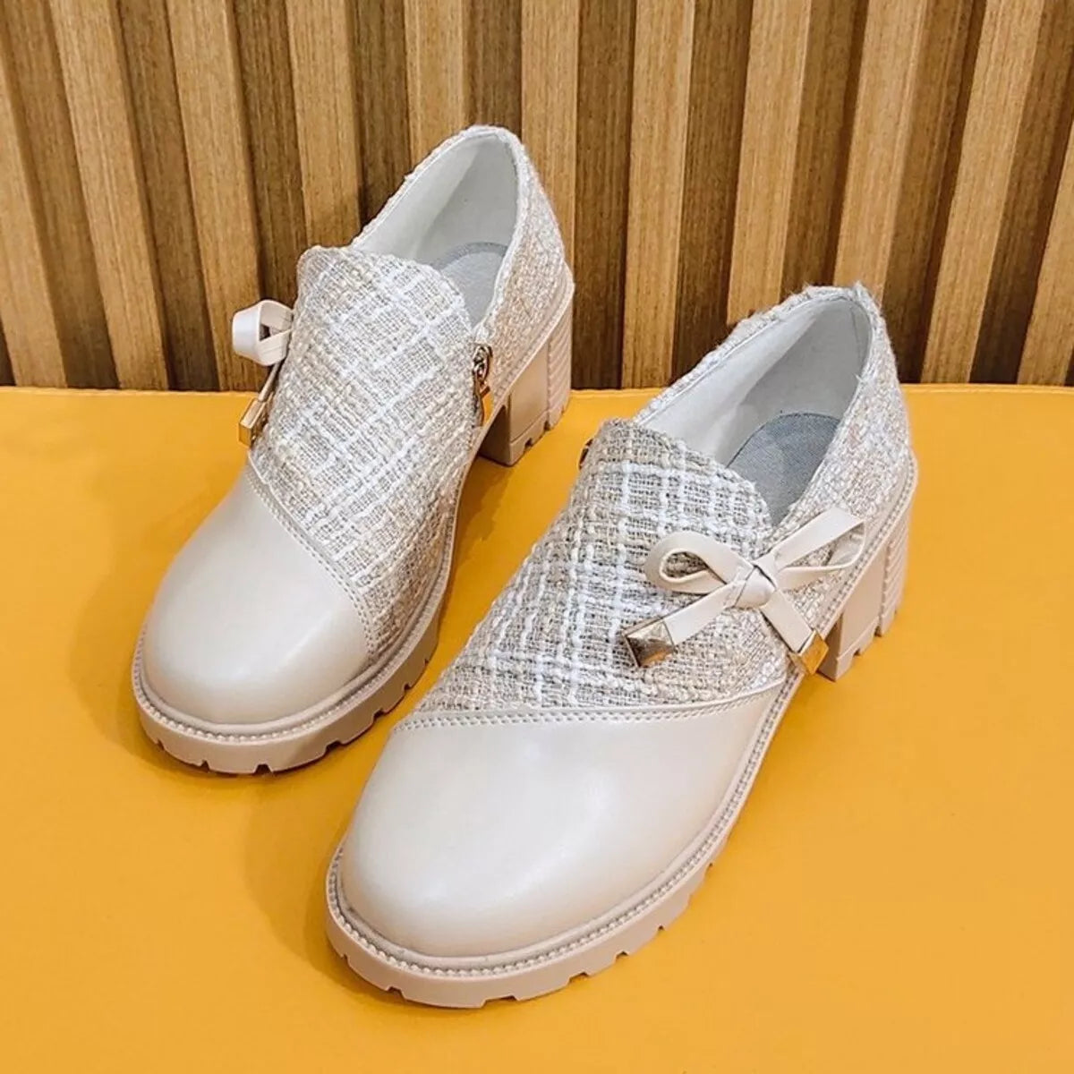 Round Toe Block Heels Boots - Beige - View 10