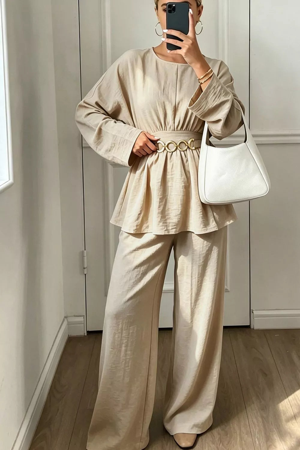 Metal Chain Waist Detail Top and Pants Set - All Colors - View 5
