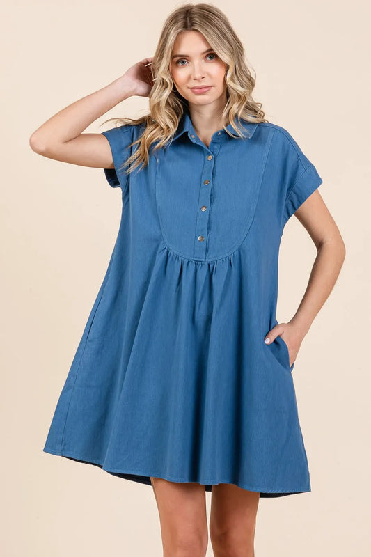 Mittoshop Twill Short Sleeve Collared Mini Dress - DENIM - View 1
