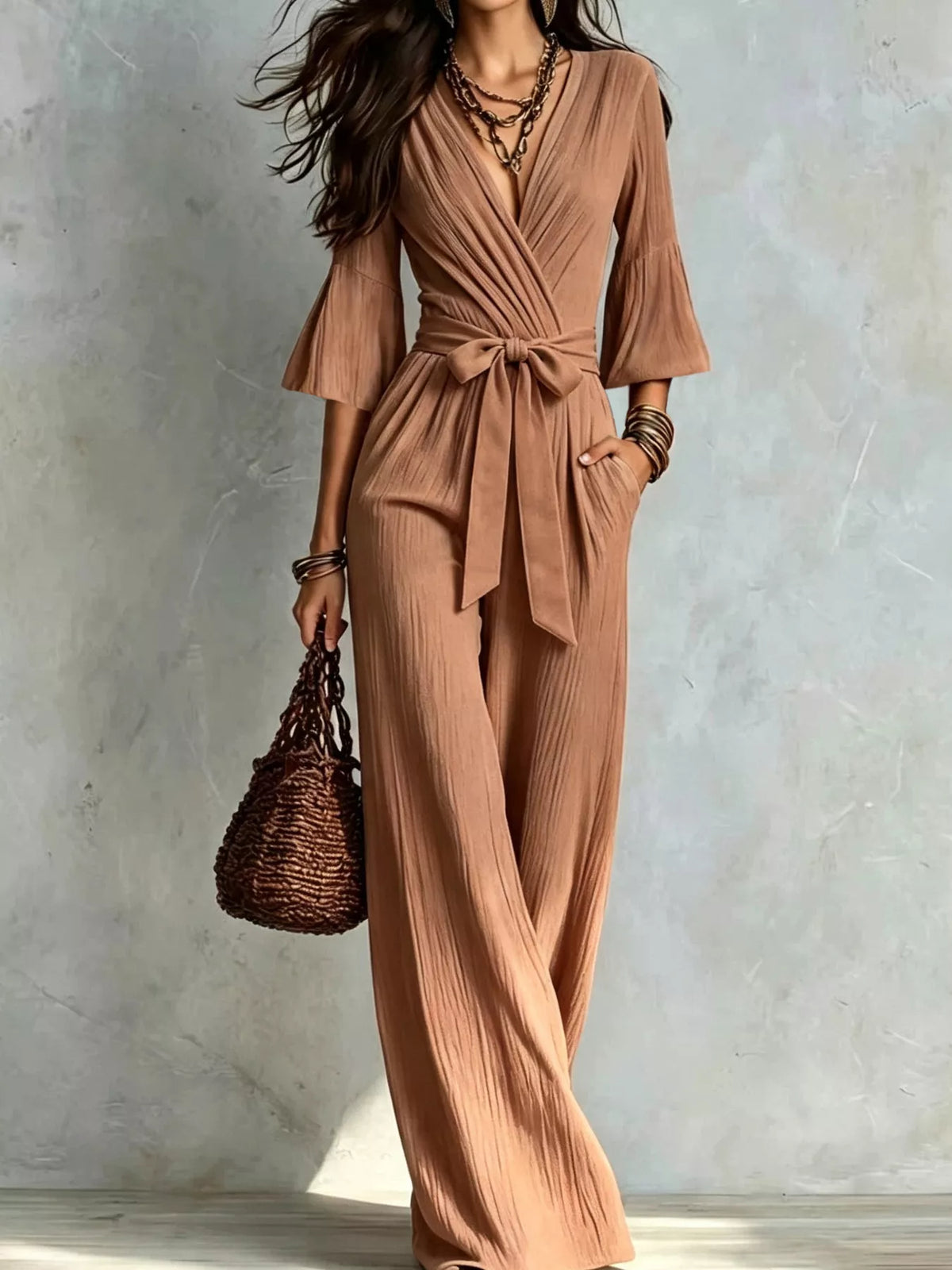 Pleated Wide-Leg Jumpsuit with Tie-Waist - Light Brown - View 3