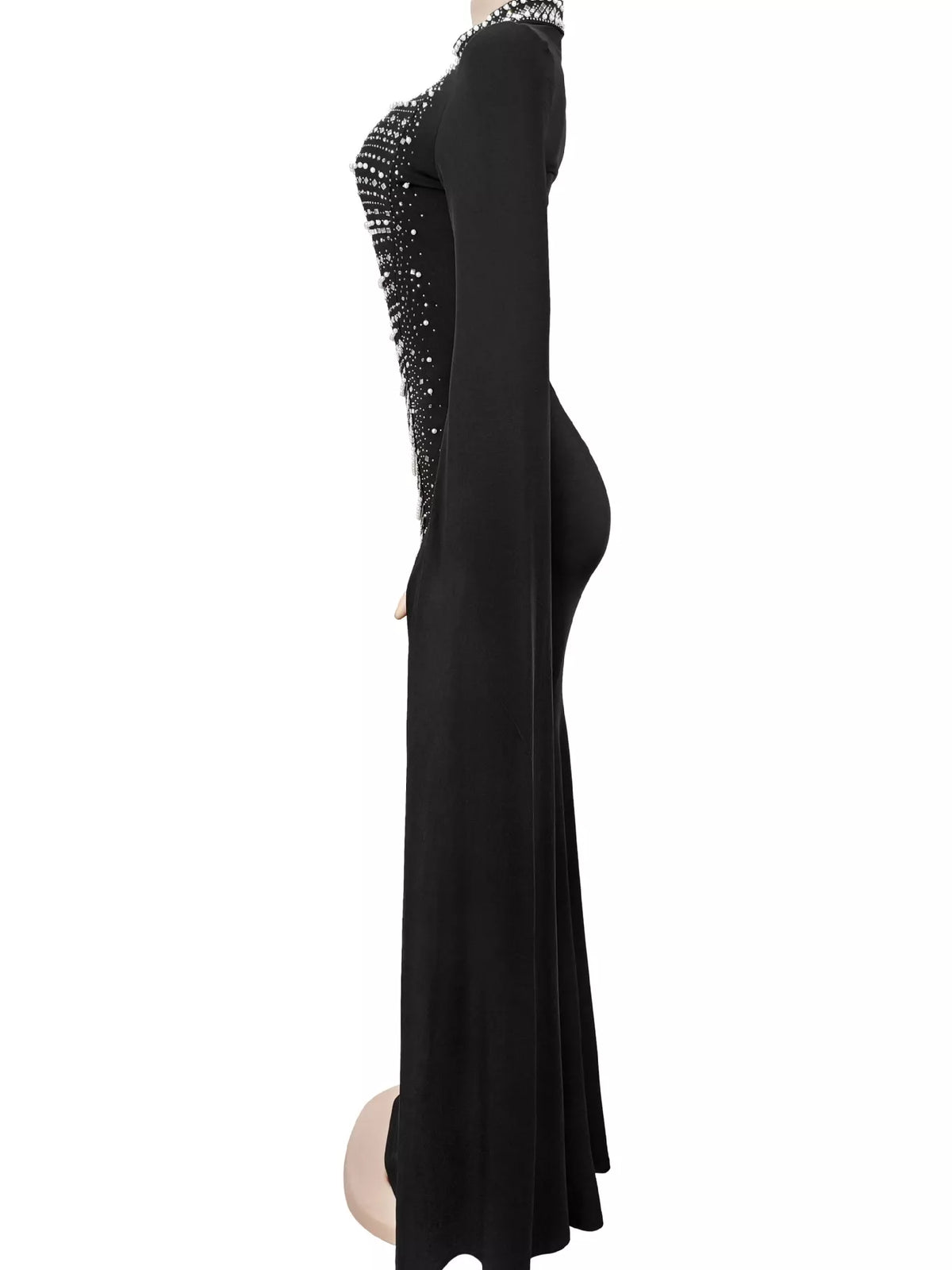 Rhinestone Slit Flare Sleeve Cape Maxi Dress - Black - View 6