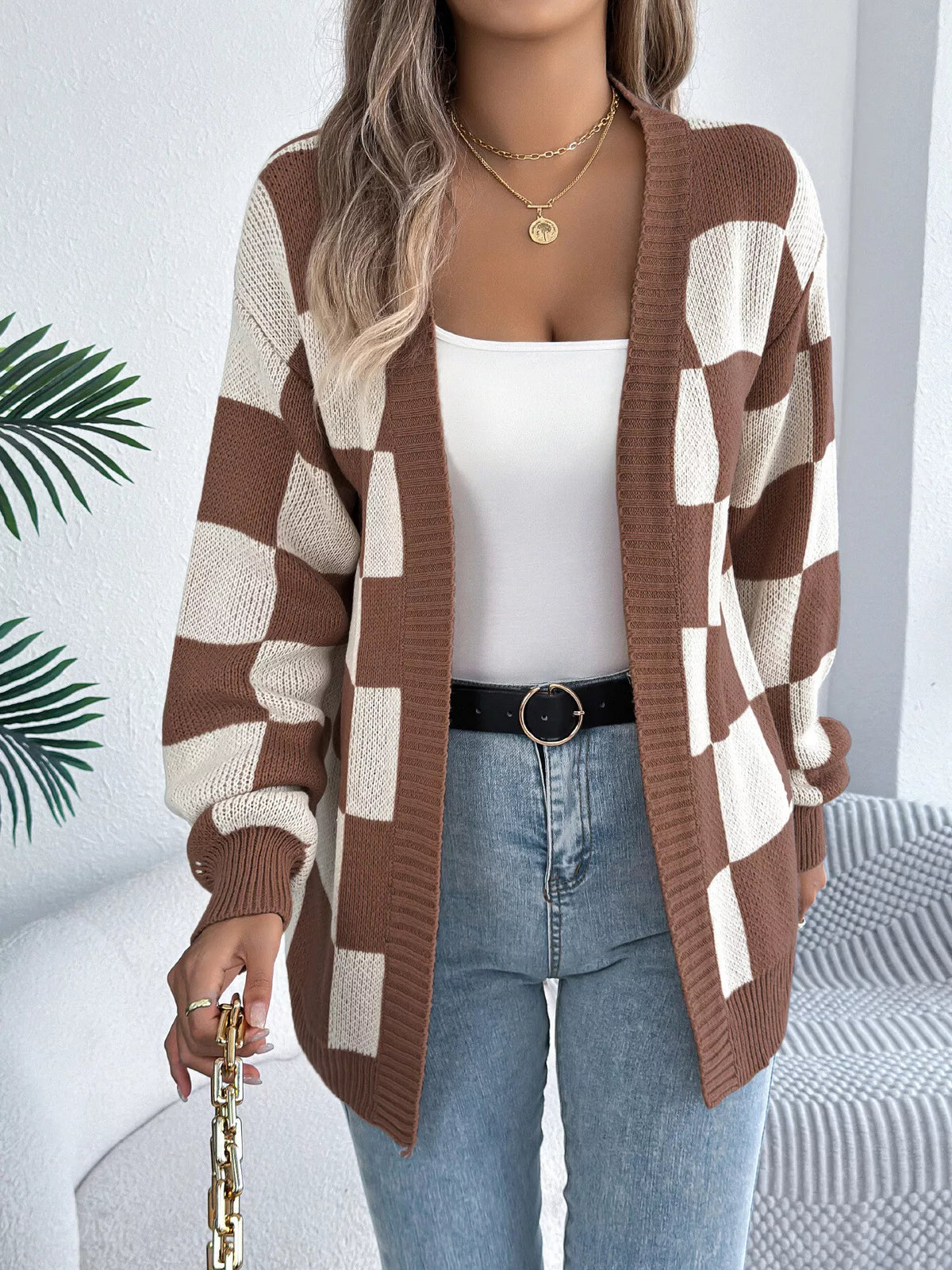 Checkerboard Pattern Open Front Knit Cardigan - Taupe - View 4