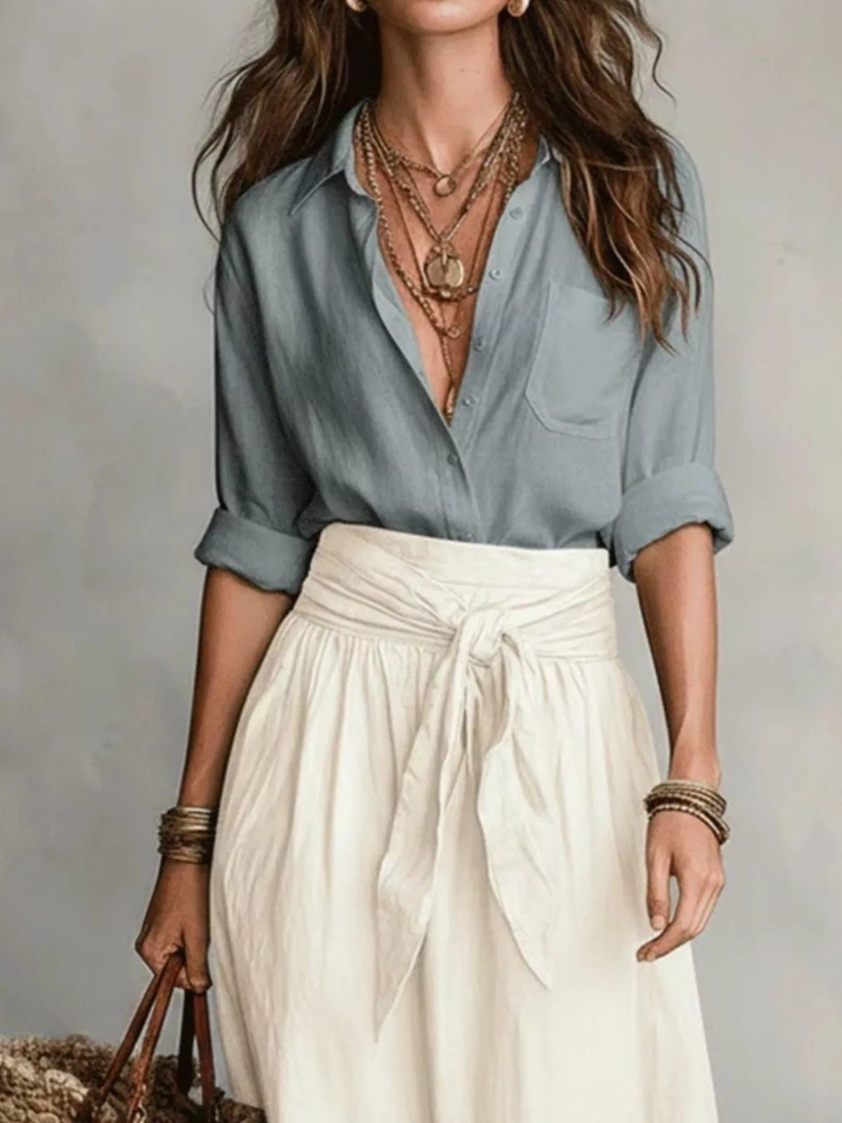 Full Size Button-Down Shirt and Skirt Set Plus Size - Gray - View 2