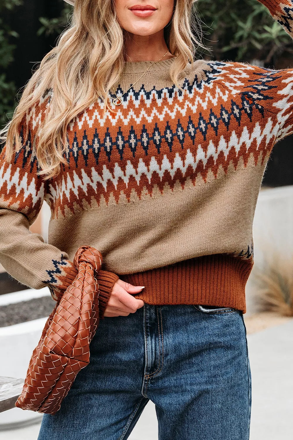 Geometric Pattern Long Sleeve Sweater - Taupe - View 2
