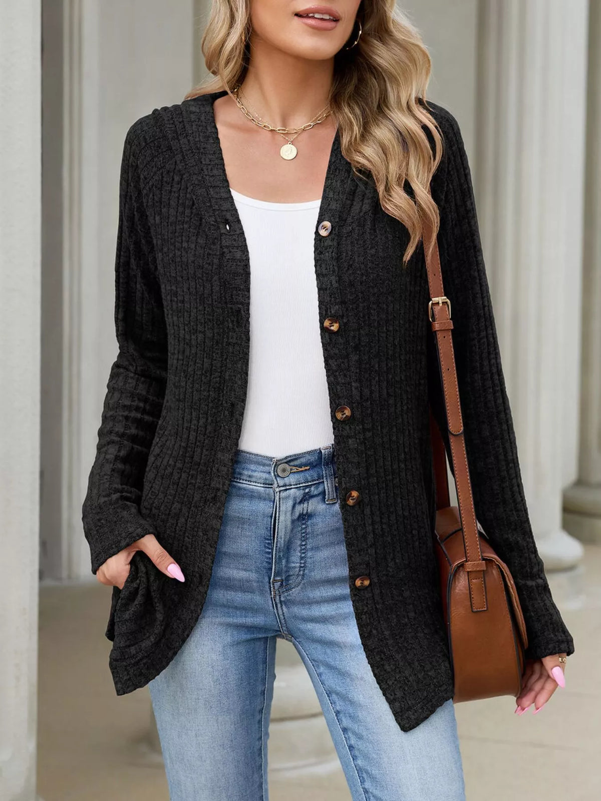 Ribbed Knit Hooded Button-Down Cardigan - Black - View 2