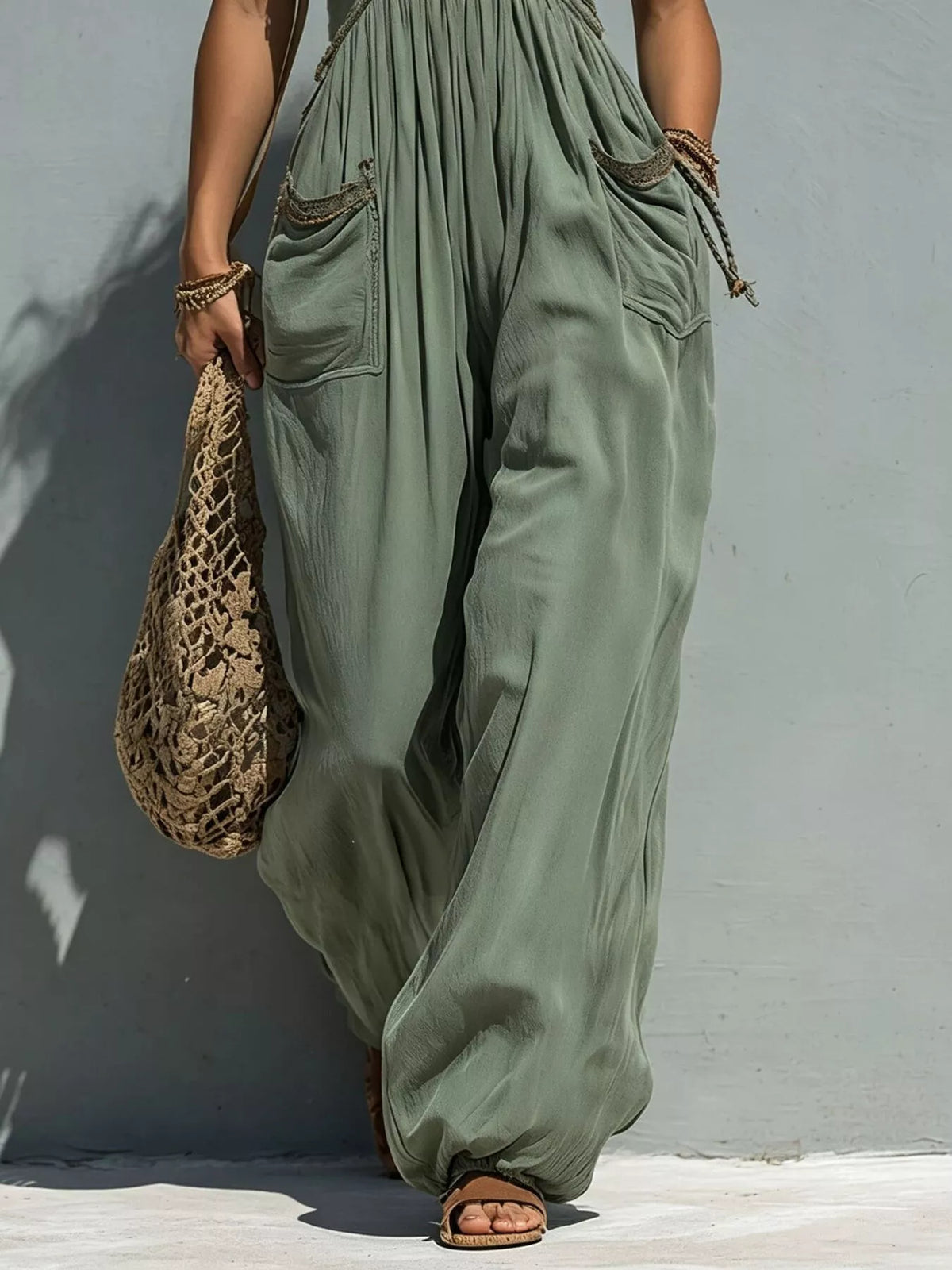 Lace Detail Wide-Leg Jumpsuit - Moss - View 4