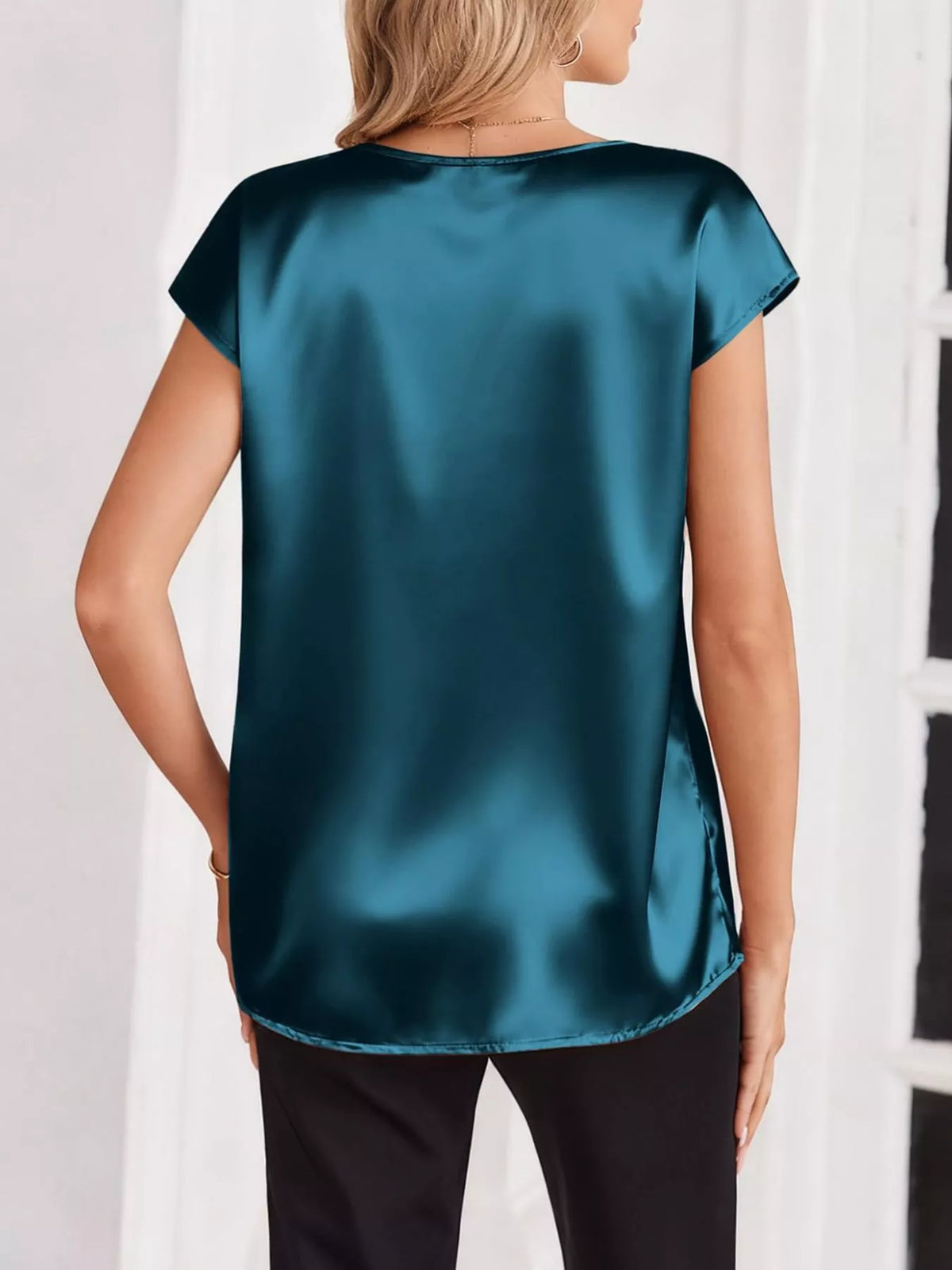 Satin V-Neck Cap Sleeve Blouse - Blue - View 3