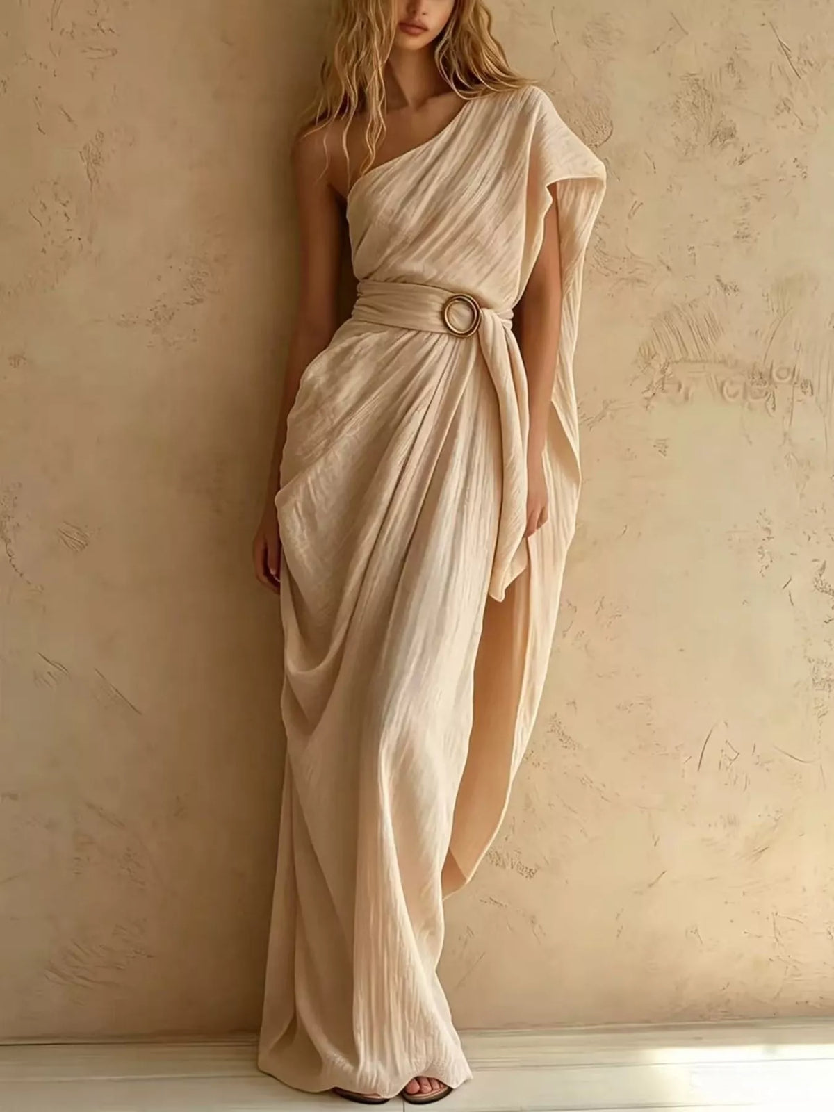 One-Shoulder Draped Maxi Dress with Waist Buckle - Tan - View 1