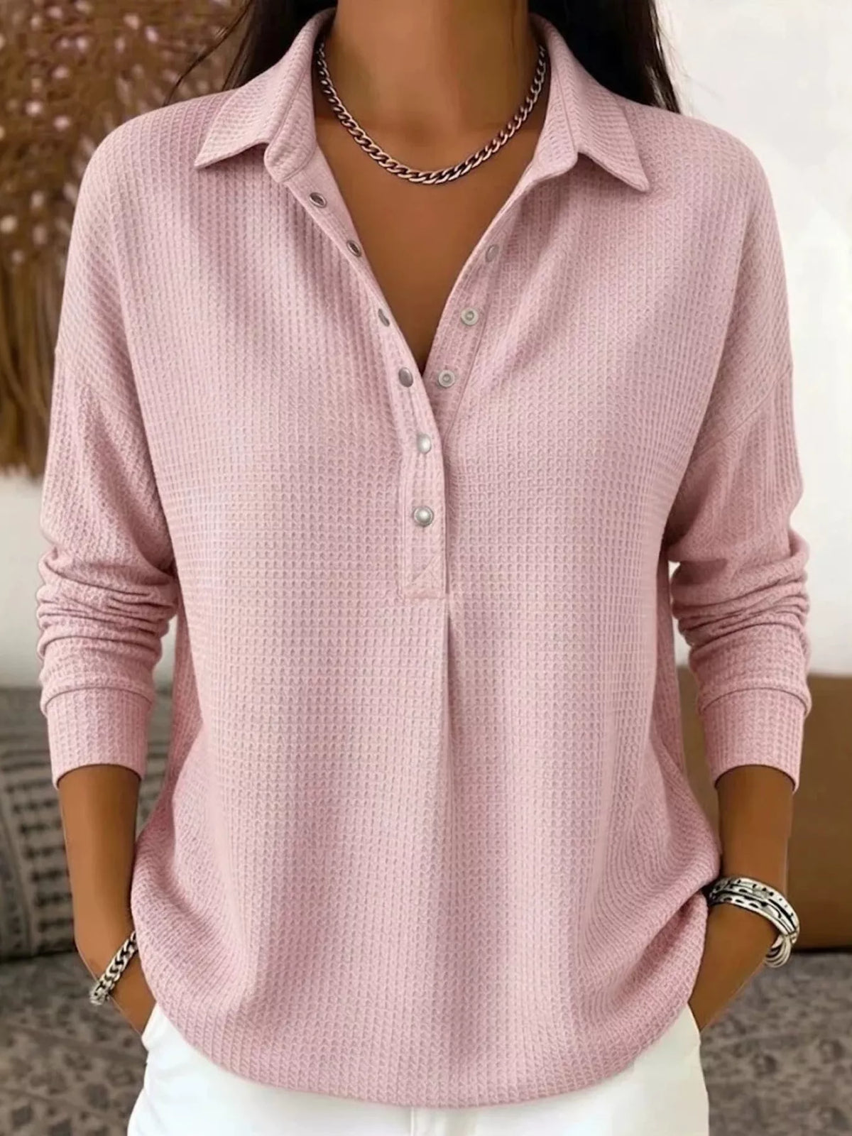 Waffle Knit Snap Down Blouse - Pink - View 1