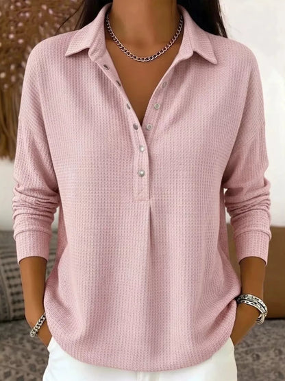 Waffle Knit Snap Down Blouse - Pink - View 1