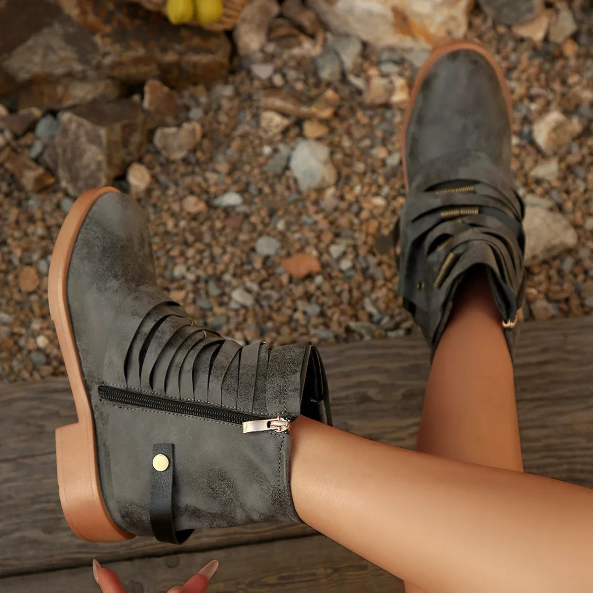 Strappy Buckle Ankle Boots - Grey - View 2