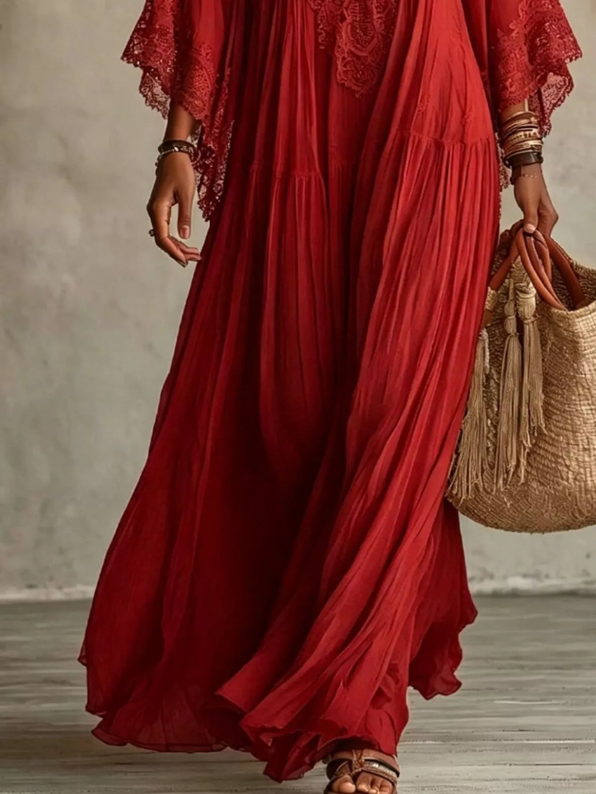 Lace Trim V-Neck Maxi Dress - Deep Red - View 3