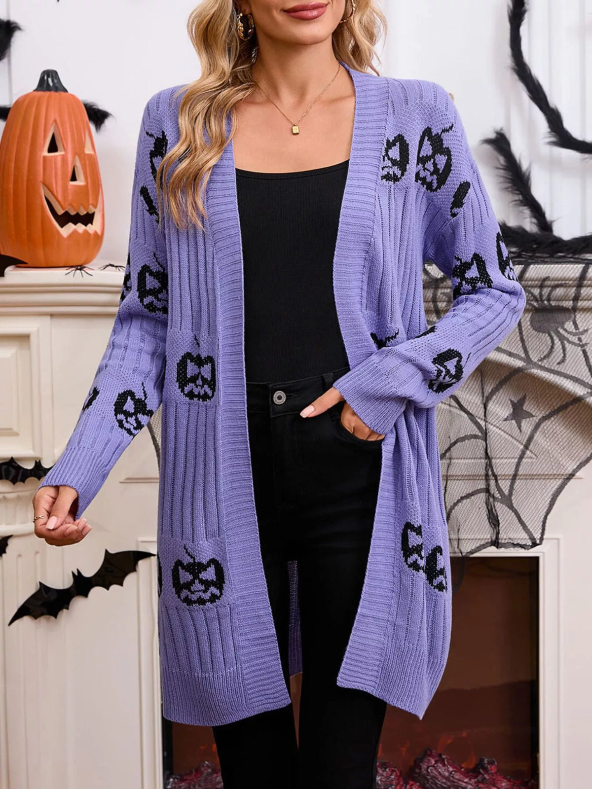 Halloween Pumpkin Open Front Knit Cardigan - Purple - View 2