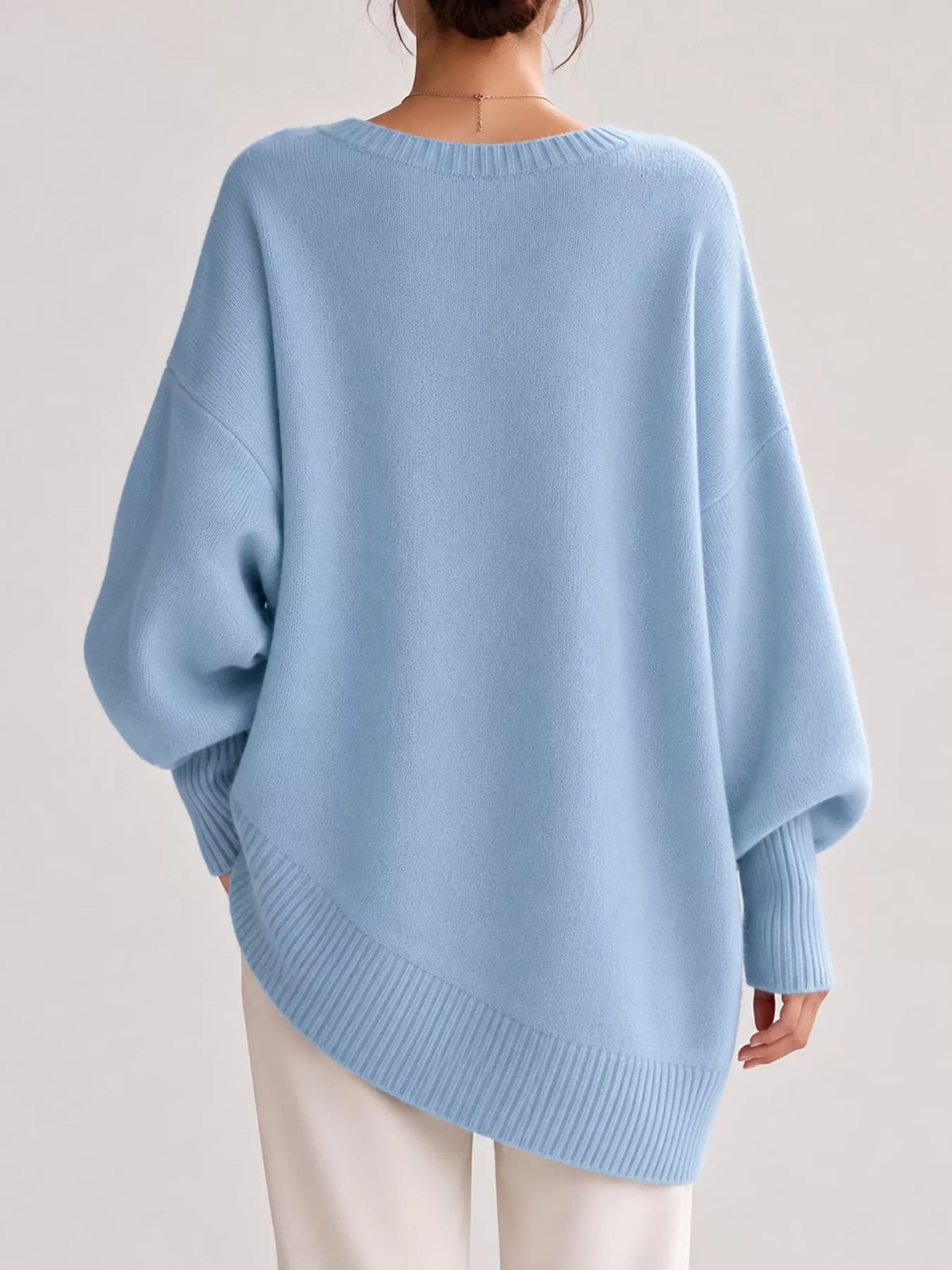 Full Size V-Neck Oversized Batwing Sleeve Sweater Plus Size - Light Blue - View 8