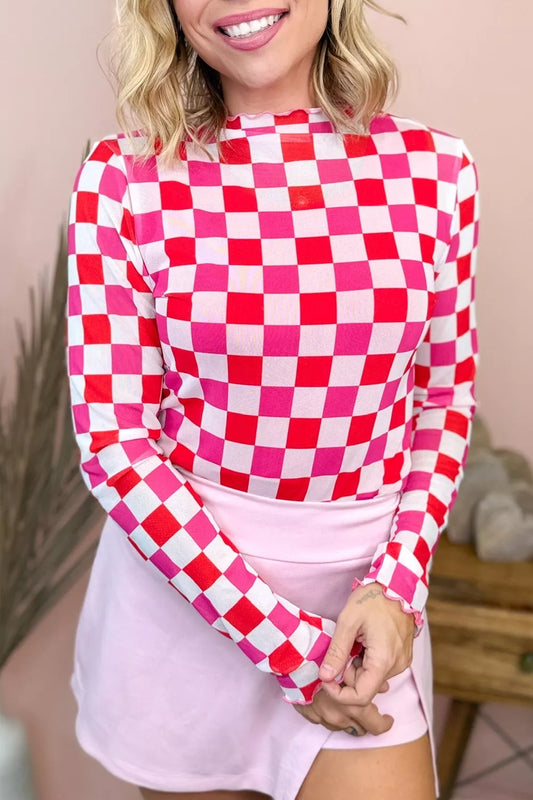 Plaid Heart Mesh Sheer Long Sleeve High Neck Top - product photo 2