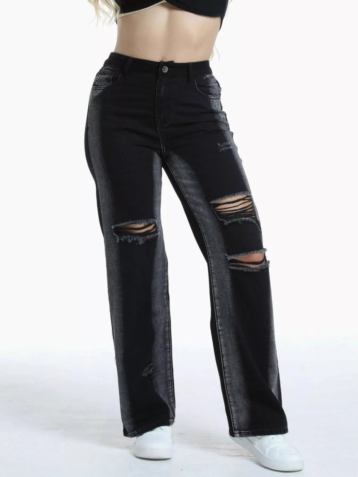Distressed Wide-Leg Jeans - Black - View 3