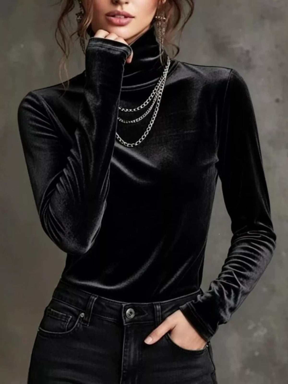 Full Size Velvet Turtleneck Long Sleeve T-Shirt Plus Size - Black - View 1