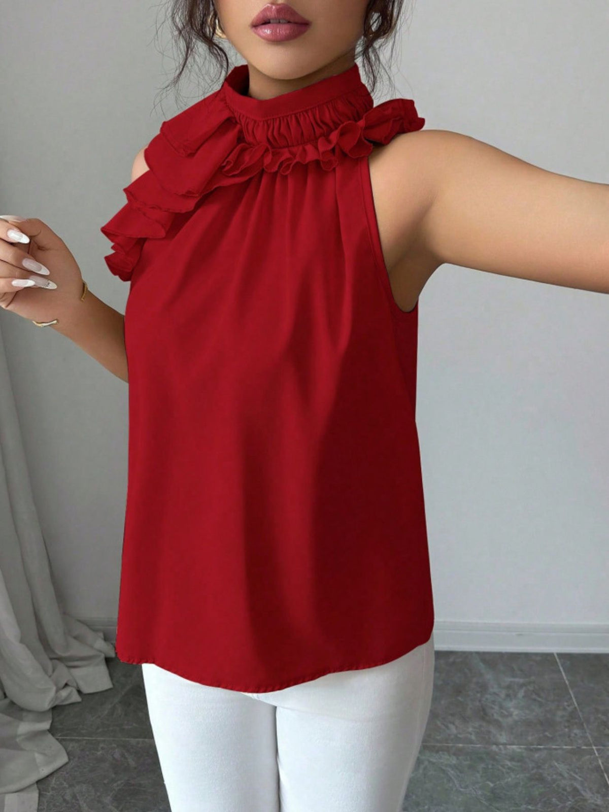 Ruffle High Neck Sleeveless Top - Red - View 14